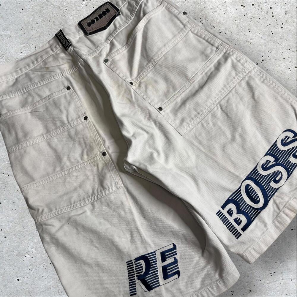 Reboss White JNCO Style Baggy Loose Fit‎ Hip Hop Rap Streetwear Y2K Shorts